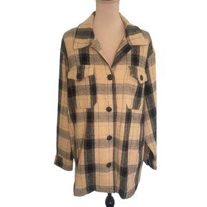 Lucky Brand Camel & Black Plaid Flannel Oversized Coat /Shirt Jacket Sz Medium
